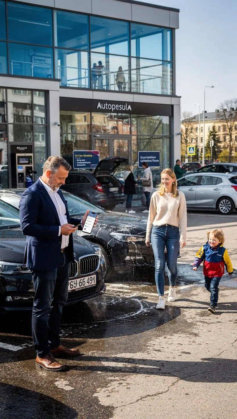 Kasutajasõbralik veebiliides, mis kuvab autopesula teenuste tellimise ja planeerimise lihtsaid samme.